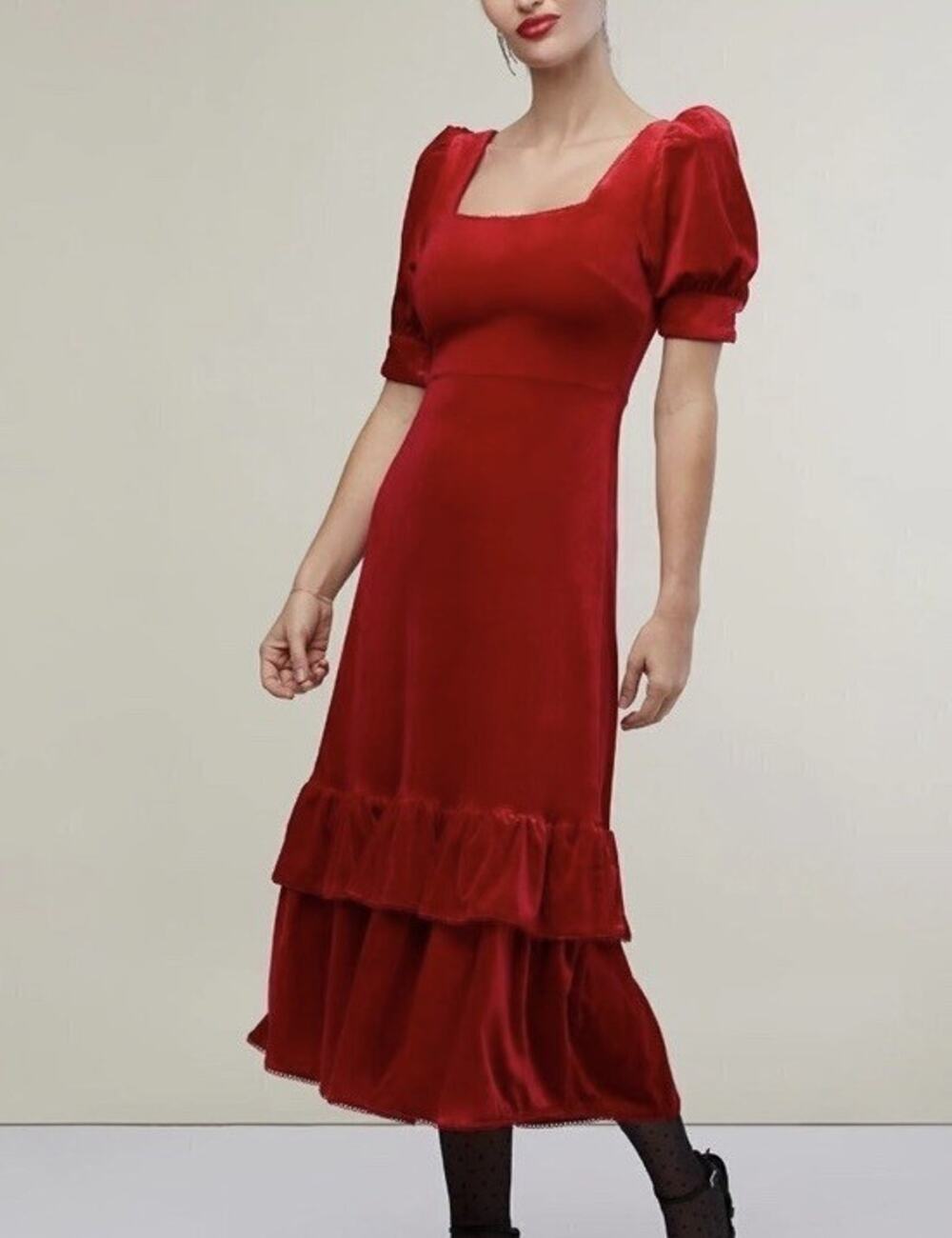 Rachel Parcell NWT $188 Women’s Puff sleeve Peplum Skirt Midi Dress M Red Q5